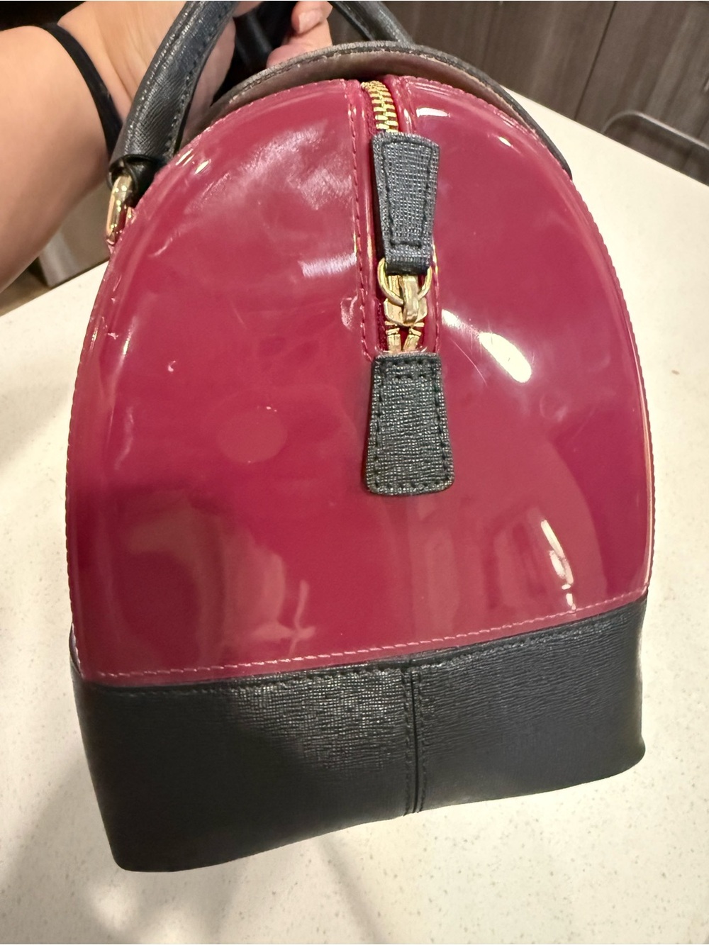 Furla Two-Tone Patent Satchel in Burgundy, Black and Brown - Picture 4 of 9
